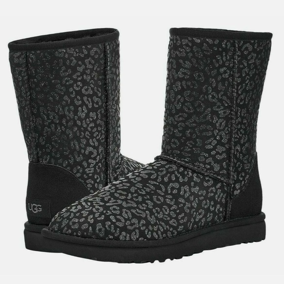 UGG Classic Short Snow Leopard Black Suede Boots - Size 8 NIB - Picture 1 of 8